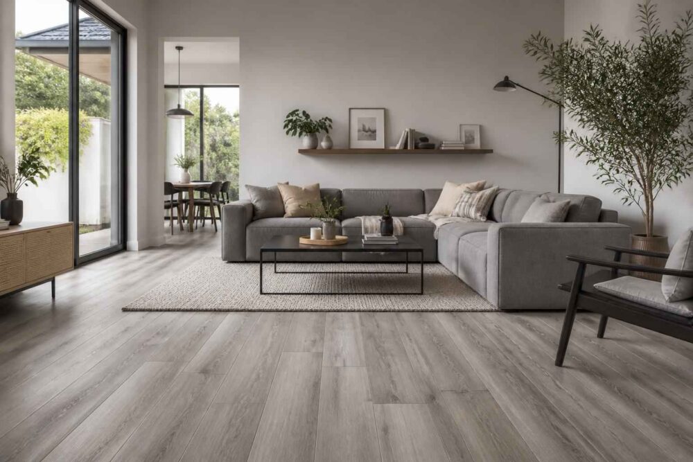 Elegancki salon z narożną szarą sofą Salon z szarą narożną sofą, drewnianą podłogą, stolikiem kawowym i dużymi oknami wychodzącymi na ogród
