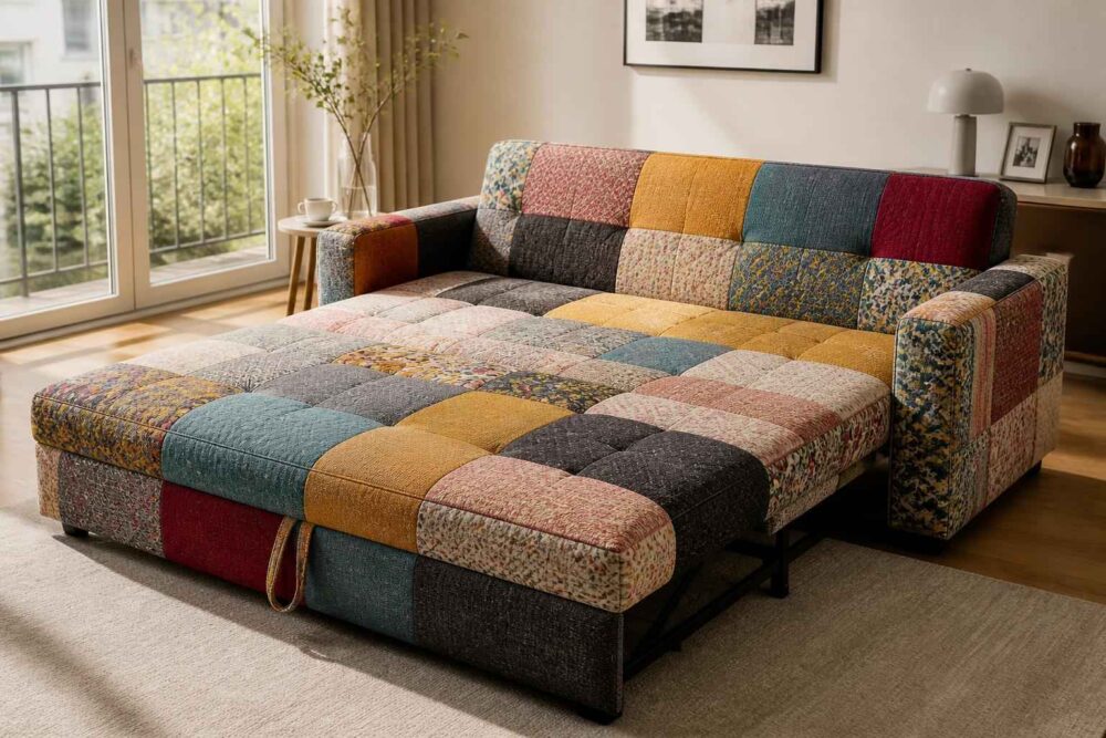 Rozkładana sofa patchworkowa w wielokolorowe wzory w jasnym salonie z balkonem