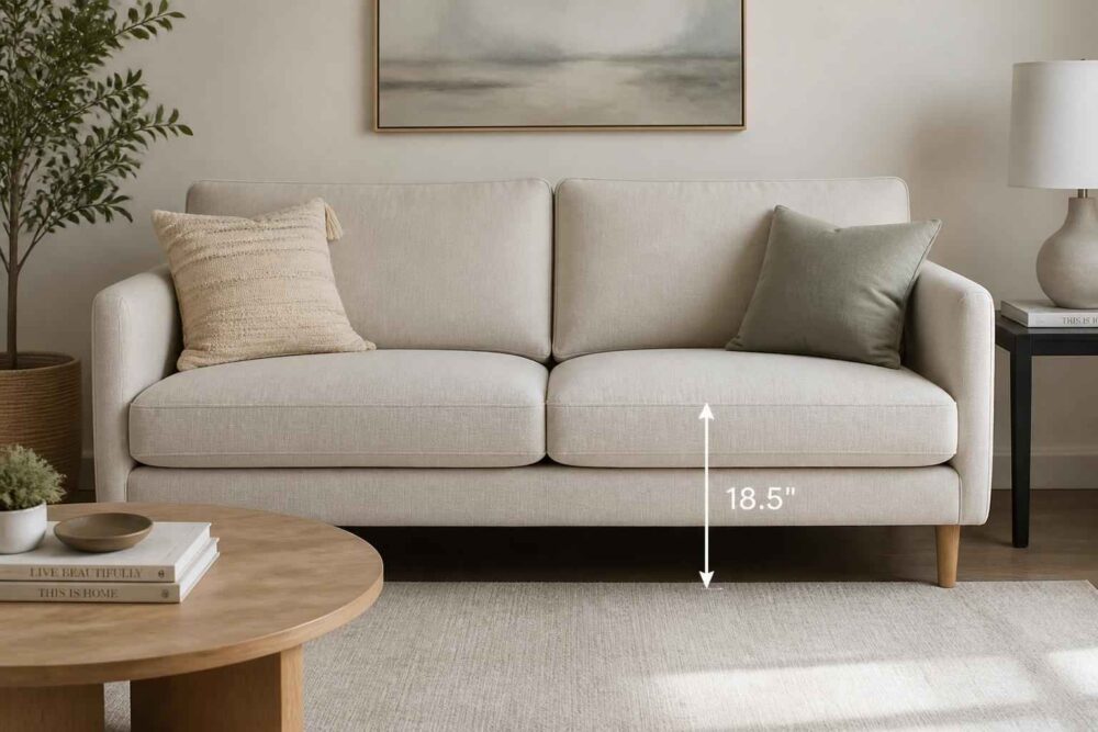 Kremowa sofa w salonie z zaznaczoną wysokością siedziska 18,5 cala