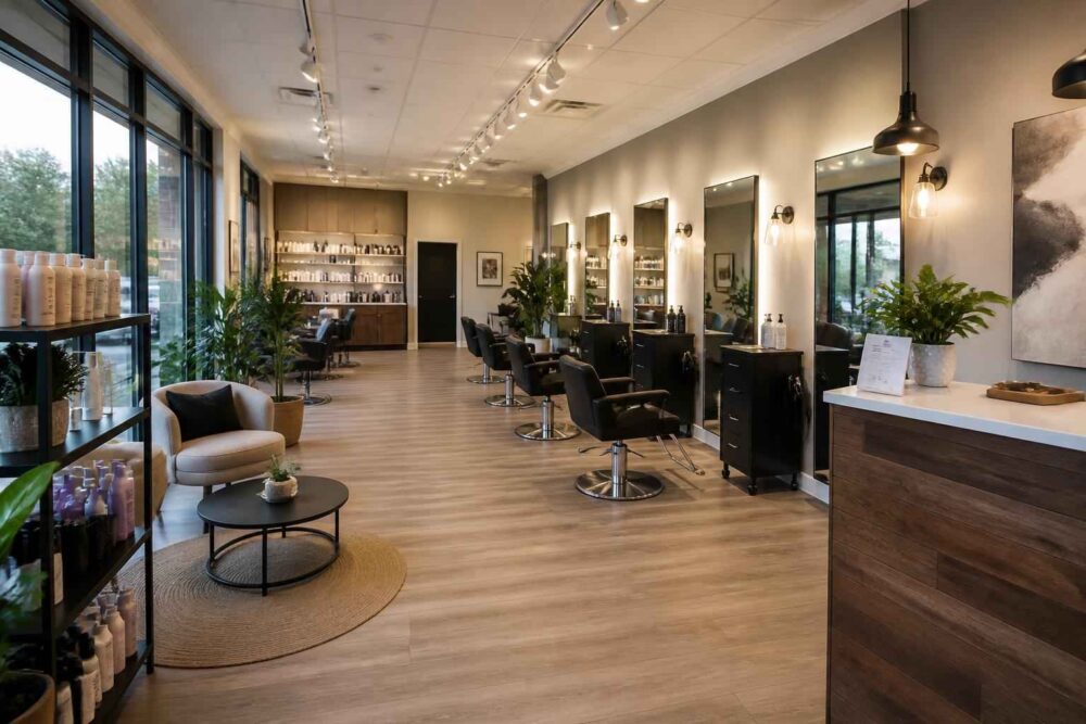 Nowoczesny salon fryzjerski z lustrami, stanowiskami do strzyżenia i recepcją przy wejściu