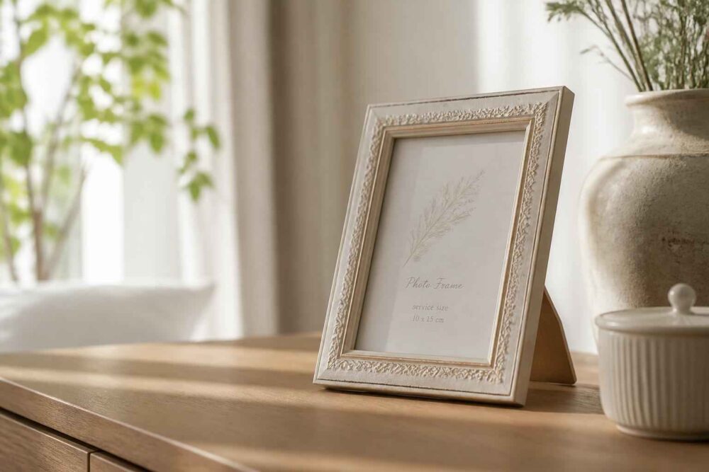 Ozdobna ramka z delikatną grafiką na drewnianej komodzie obok doniczki i ceramicznego pojemnika