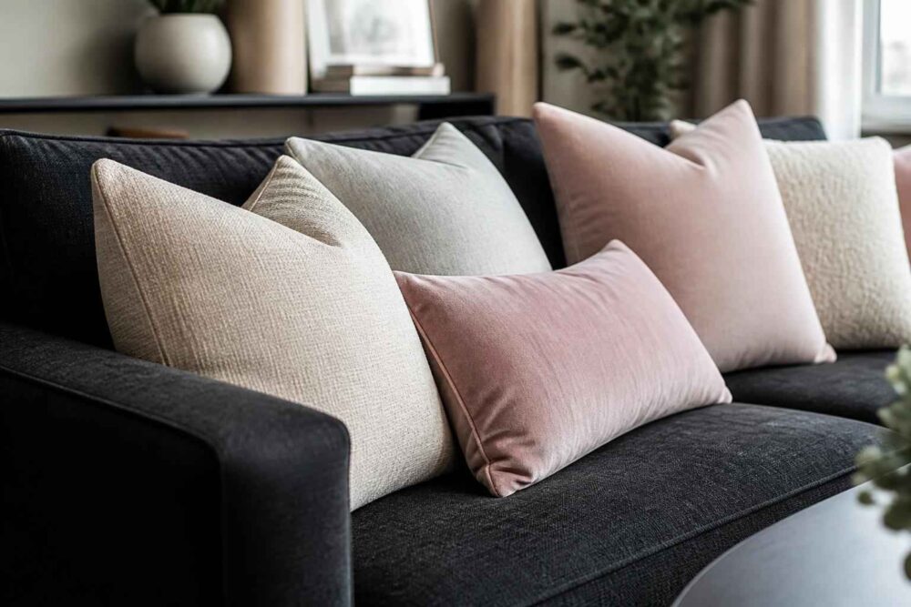 Jasne i pudroworóżowe poduszki ułożone na ciemnej sofie w eleganckim wnętrzu