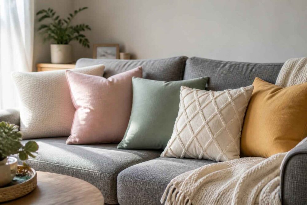 Szara sofa z pastelowymi poduszkami, kocem i rośliną w jasnym salonie