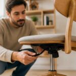 Mężczyzna reguluje mechanizm pod siedziskiem drewnianego krzesła biurowego 恒一