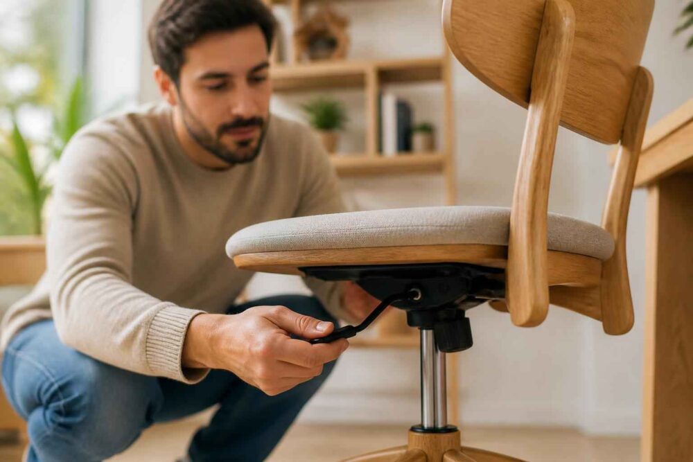 Mężczyzna reguluje mechanizm pod siedziskiem drewnianego krzesła biurowego 恒一
