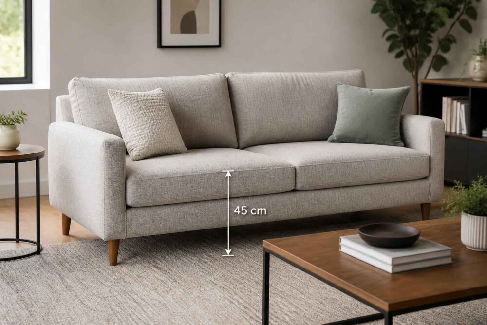 Jasnoszara sofa w salonie z oznaczeniem wysokości siedziska 45 cm