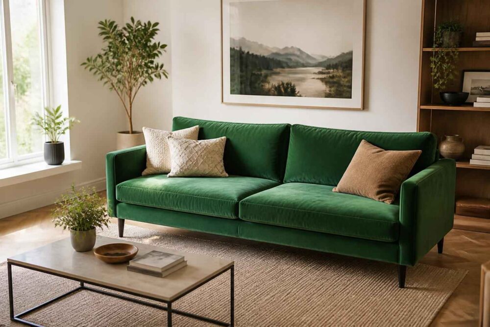 Zielona sofa z poduszkami w jasnym salonie z roślinami i stolikiem kawowym